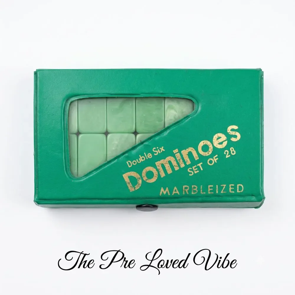 Vintage Mini Double Six Dominoes Set 28 Pieces Green Vinyl Case Collectible Toy